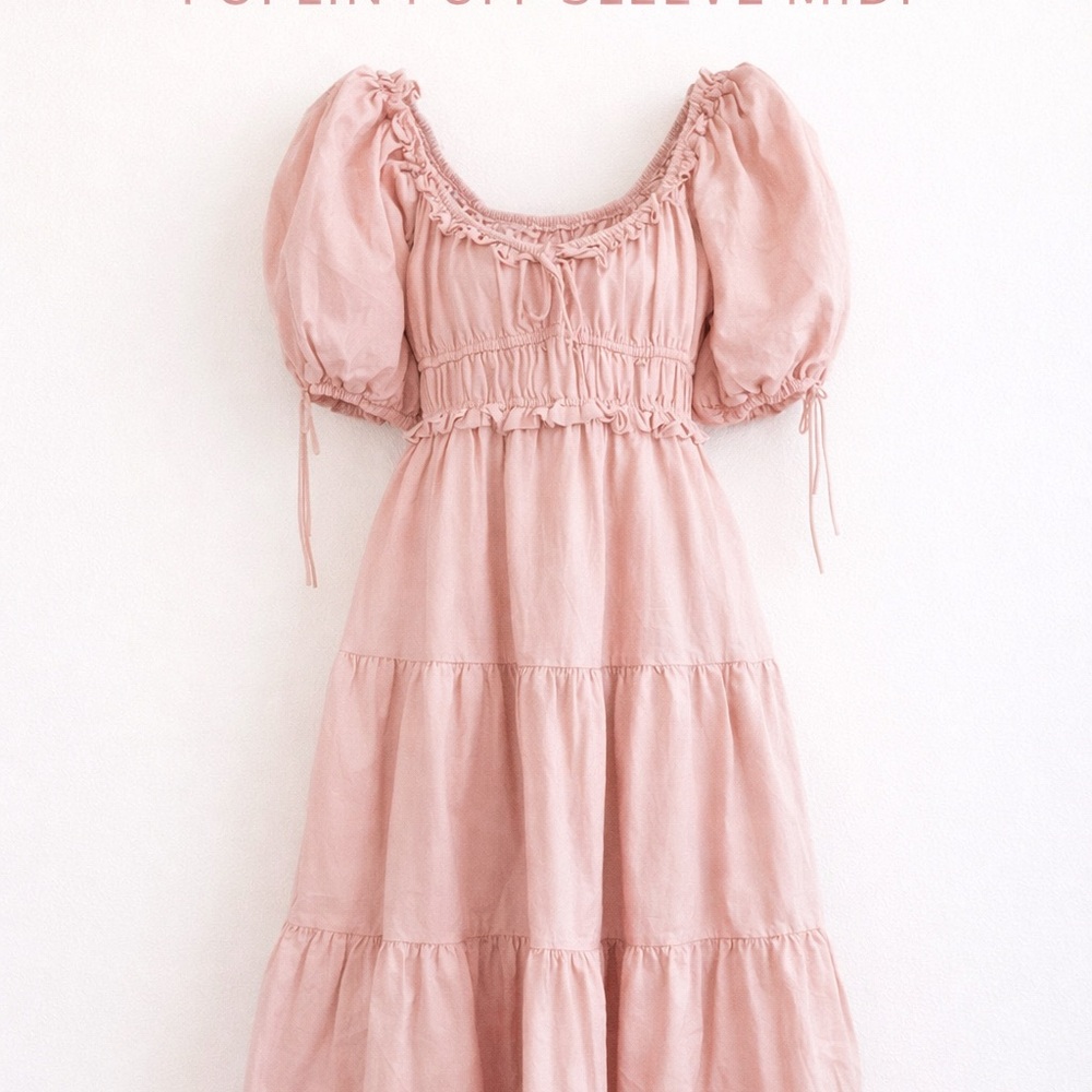 En Saison Pink Poplin Puff Sleeve Tiered Midi Dress Cottagecore Prairie Style S